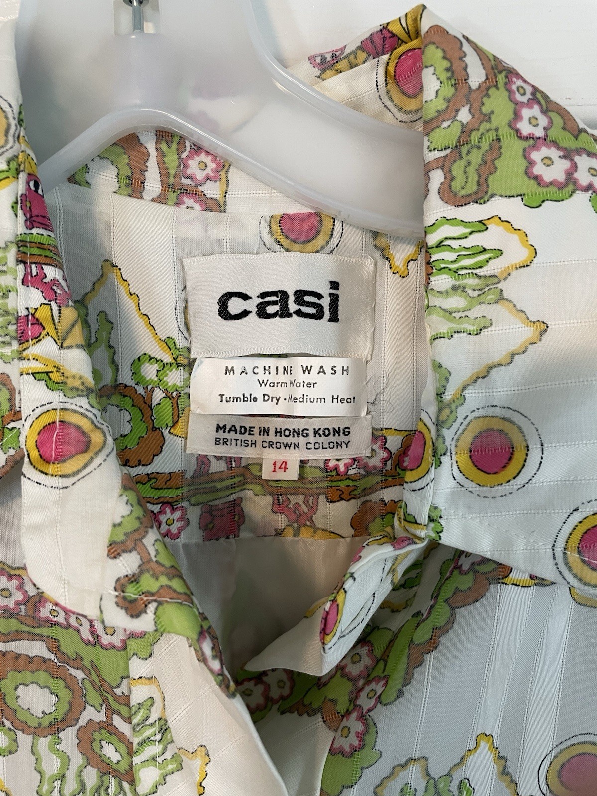 70’s Casi Shirt Waist Dress Vintage Size 14 White Green Pink Volkswagen Bug