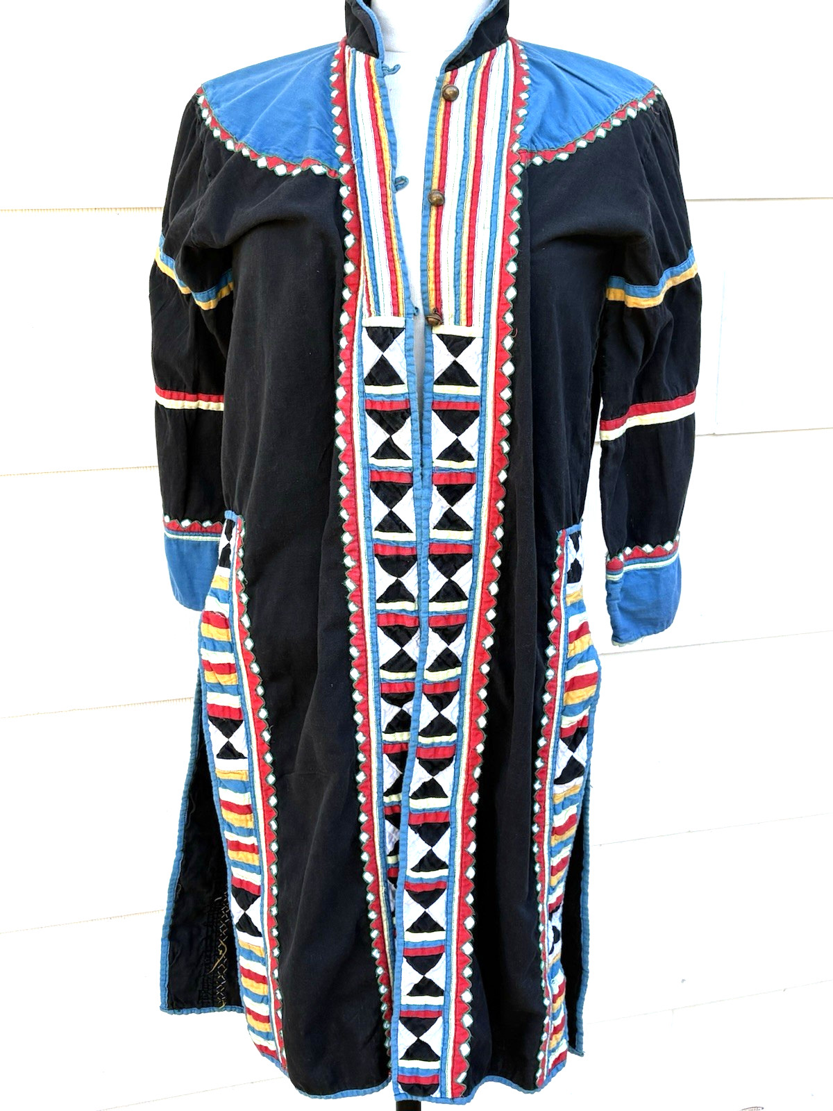 Vtg Thai Hill Tribe Jacket Geometric Patchwork Duster Coat Folk Art Kaftan Boho