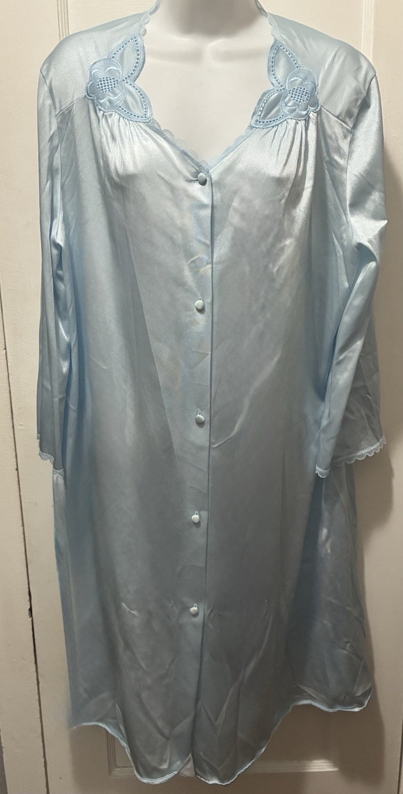 Vintage VASSARETTE Peignoir Robe ONLY Blue Appliqué 100% Nylon Petite L 14 16