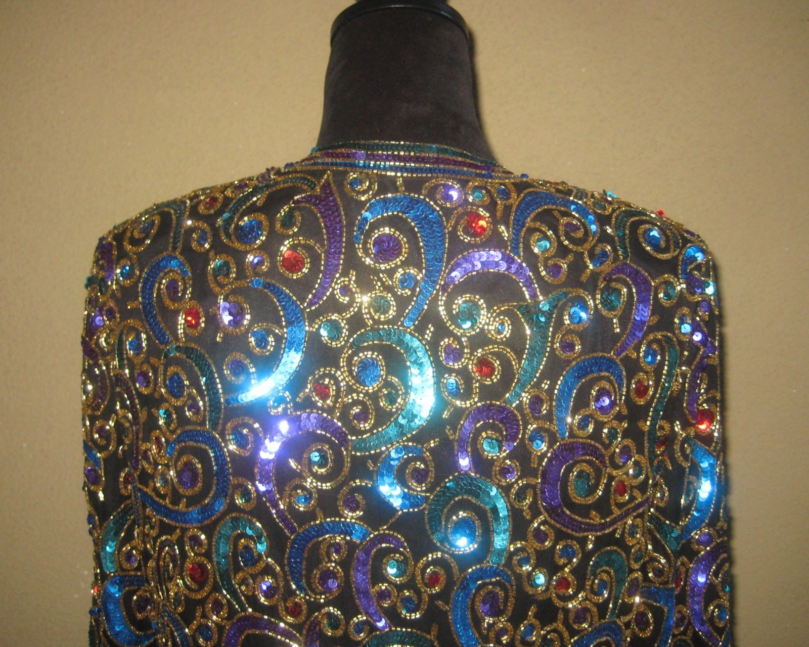 Vintage Scala black silk sequins beads multicolor cropped evening jacket S