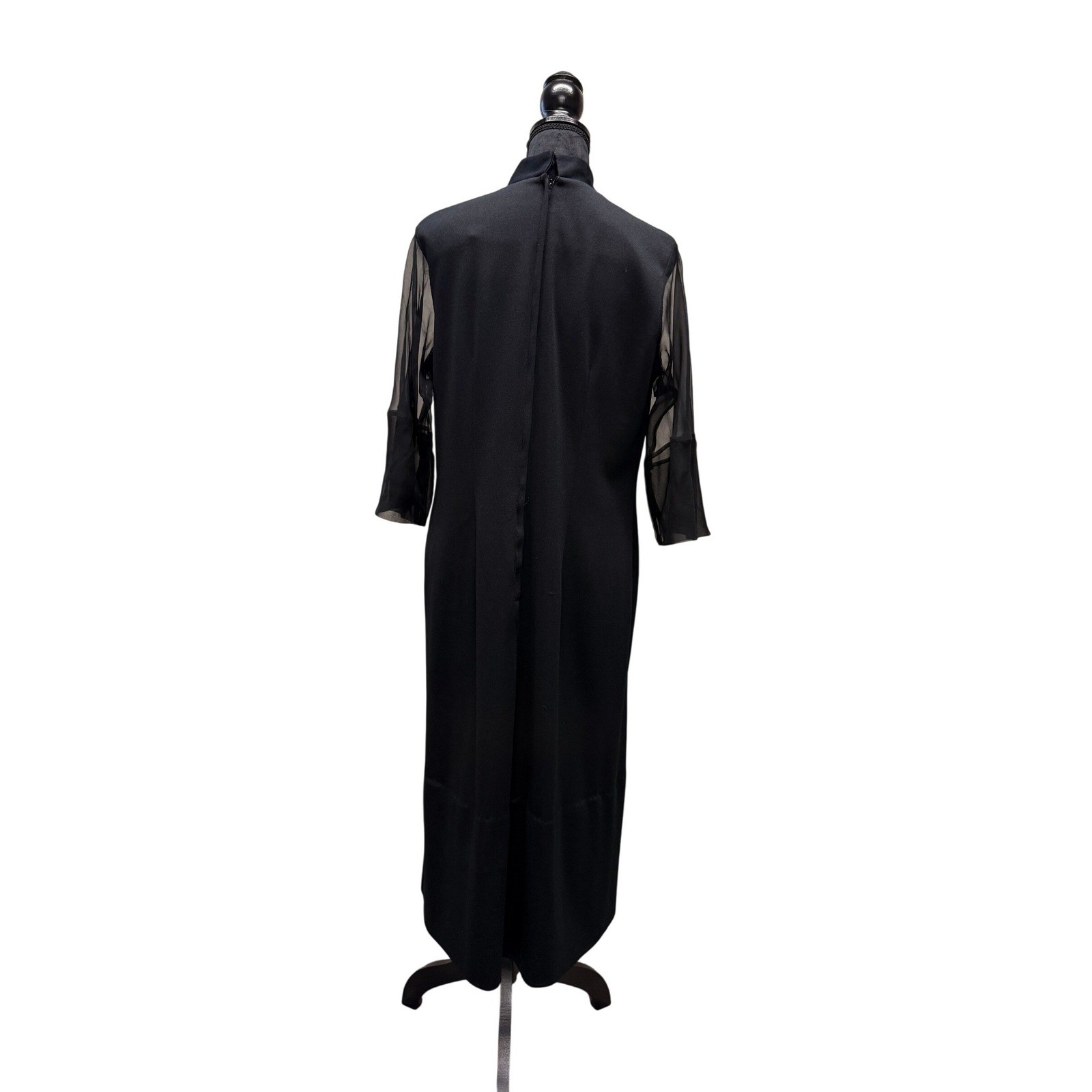 Vintage Alfred Shaheen Black Cheongsam Maxi Dress Sheer Sleeve Embroidery Sz 18
