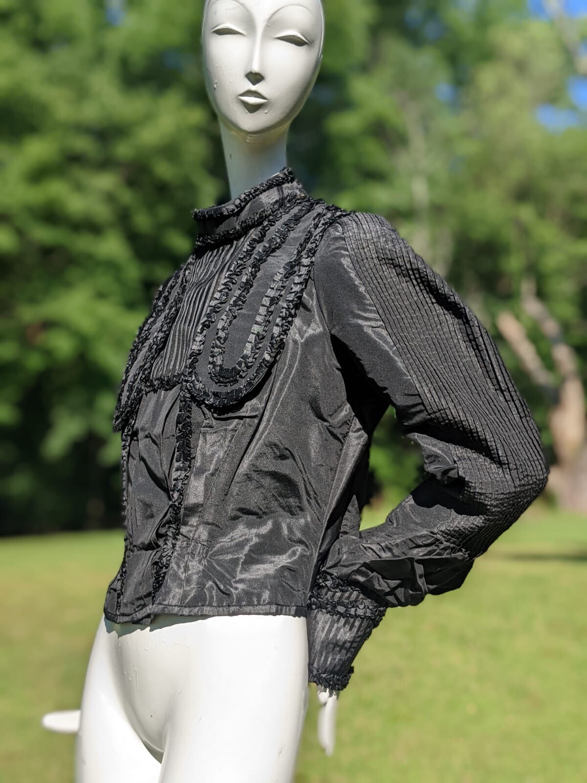 GOTHIC VICTORIAN BLACK SILK TAFFETA BODICE W PLEATS + BOX PLEAT RUFFLES