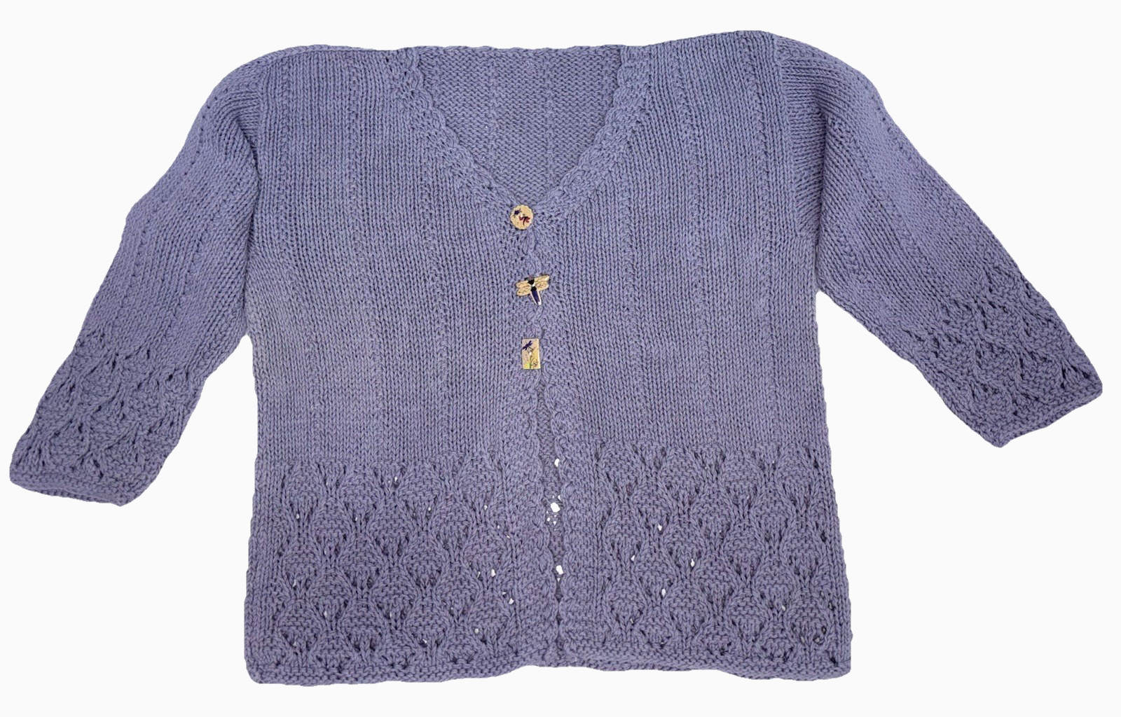 VTG Hand Knit Cardigan Sweater Size L-3 Button-Up 3/4 Sleeve Stockinette/Lace
