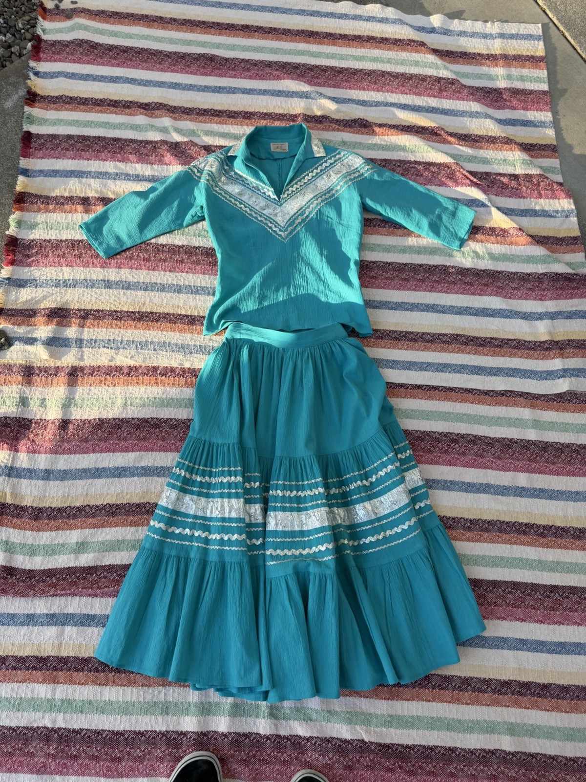 Vintage 1950s Western Patio Fiesta Dress 2Pc Ric Rac Circle Skirt Crinkle Cotton