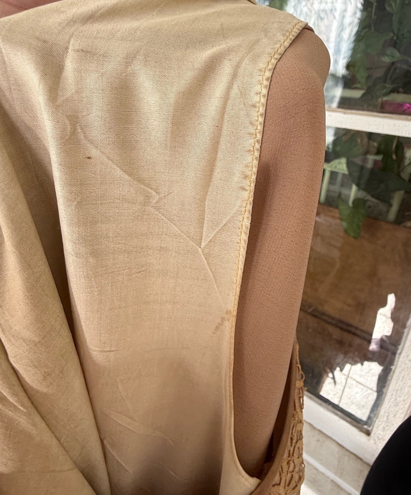 Antique 1920s Tan Silk Flapper Dress With Lace Yoke AS IS TLC Size M