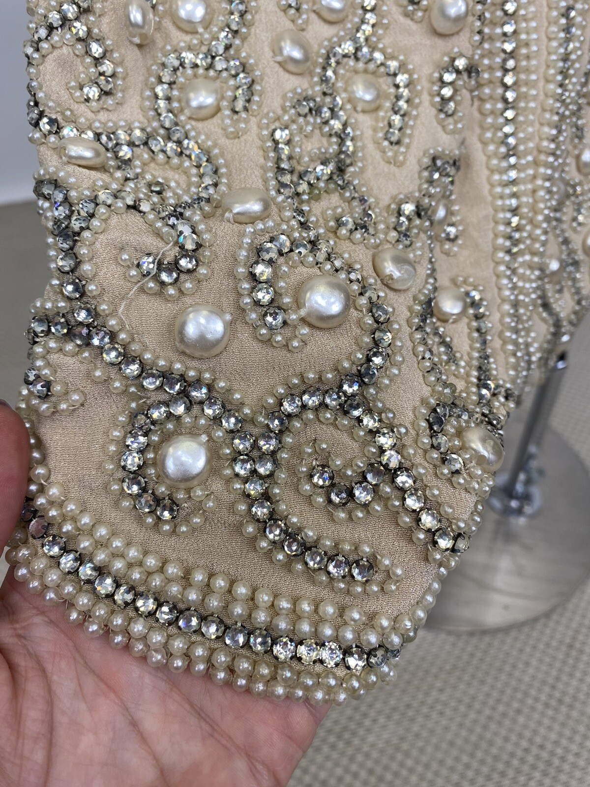 Real Antique 1920s Flapper Wedding Gown Train Headpiece Pearls Rhinestones