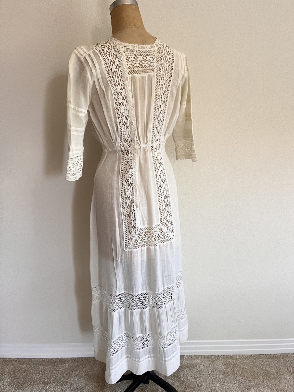 Antique Edwardian White Cotton Lawn Dress Tea Gown Wedding Dress Good Cond Small