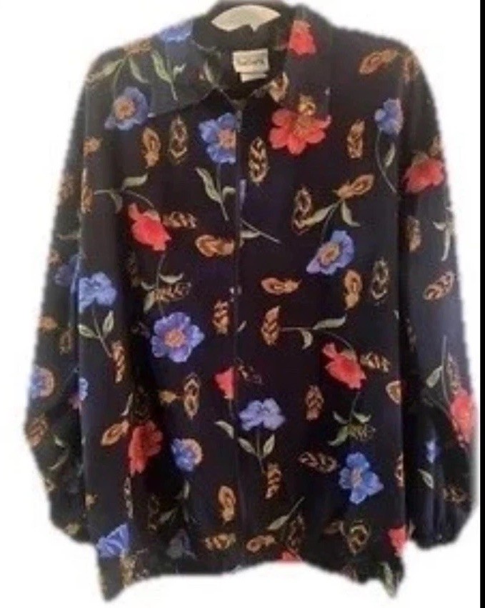Vintage Y2K Bonworth Navy Blue Floral Feather Print Bomber Jacket Size Large