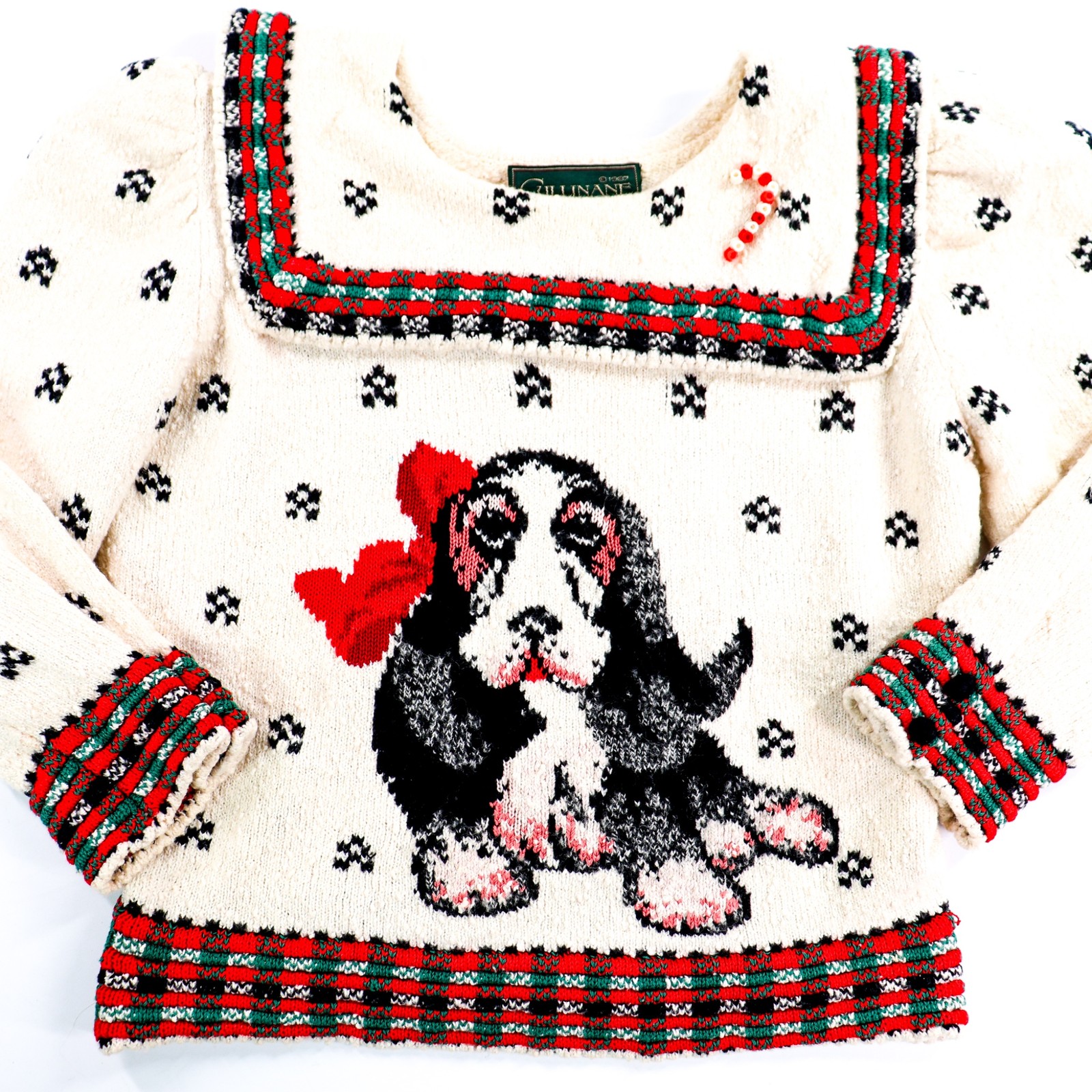 Vtg Cullinane Sweater Cropped Sz Large Basset Hound Dog Collared Christmas 1980s