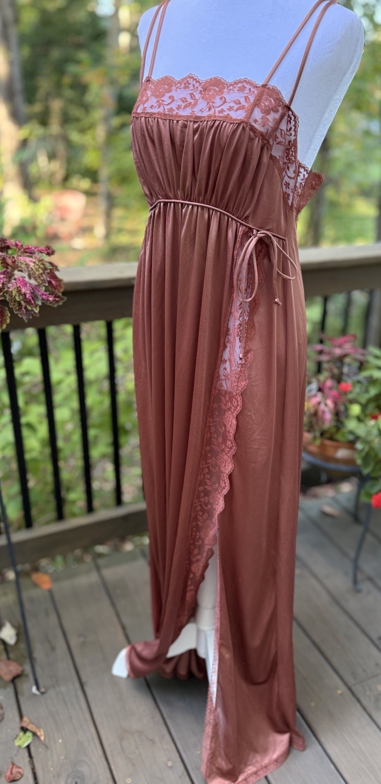 Vtg New Nightgown Long Goddess Pinehurst 70s Inset Lace UNIQUE Copper Brown M 36