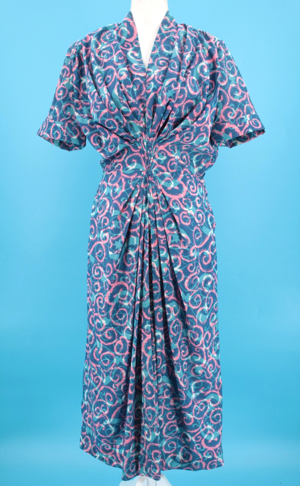 VTG Women&rsquo;s 50s Blue & Pink Abstract Swirl Print Gathered Front Dress Sz M 1950s