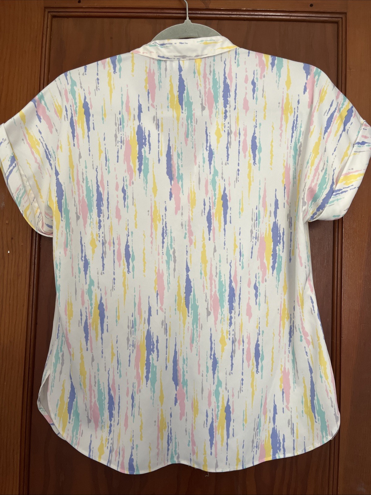 Vintage Polyester Pastel Blouse Size L Made In USA Short Sleeve Mock Neck Button