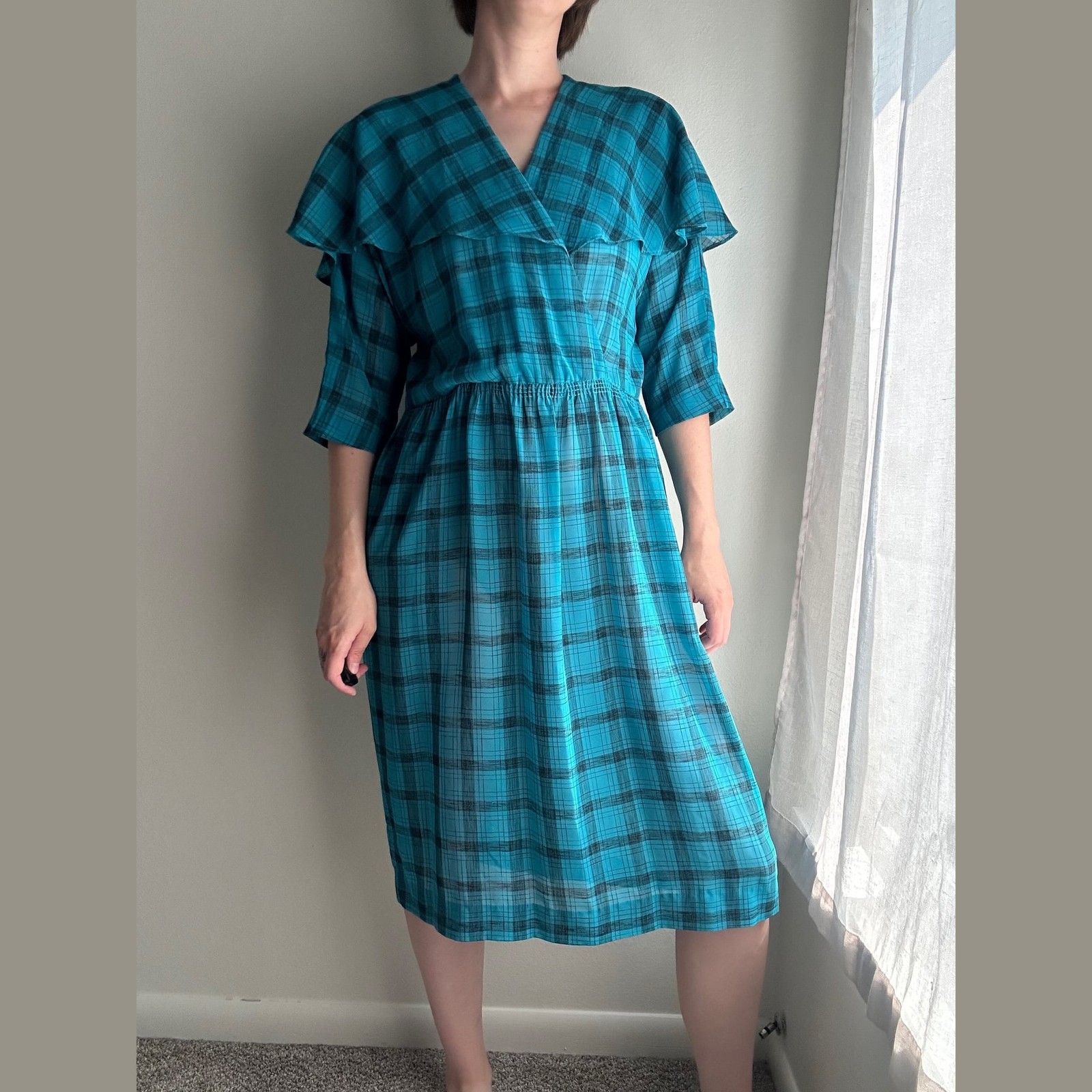 Vintage 80s DLM Teal Blue Plaid Half Sleeve Flutter Top Midi Dress Size L