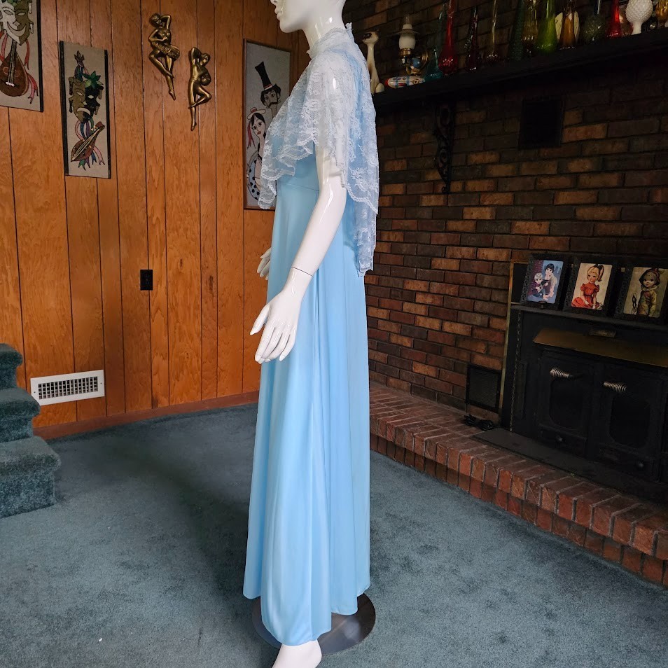 Vtg 70s Victorian Revival High Lace Neck Powder Blue Capelet Maxi Gown Dress S/M