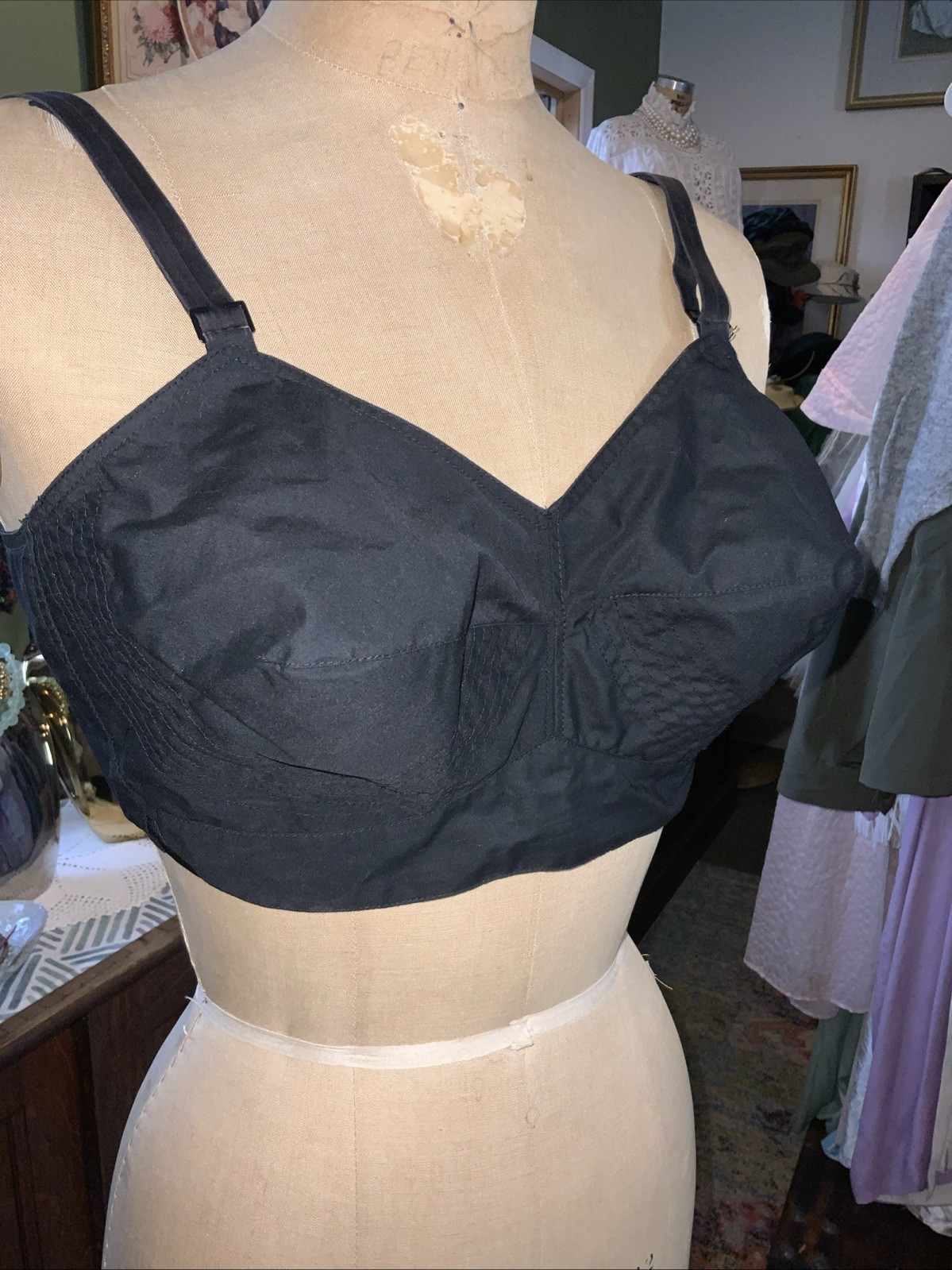 Vintage 40C Black Exquisite Form Longline Bullet Bra Pinup Poly Cotton