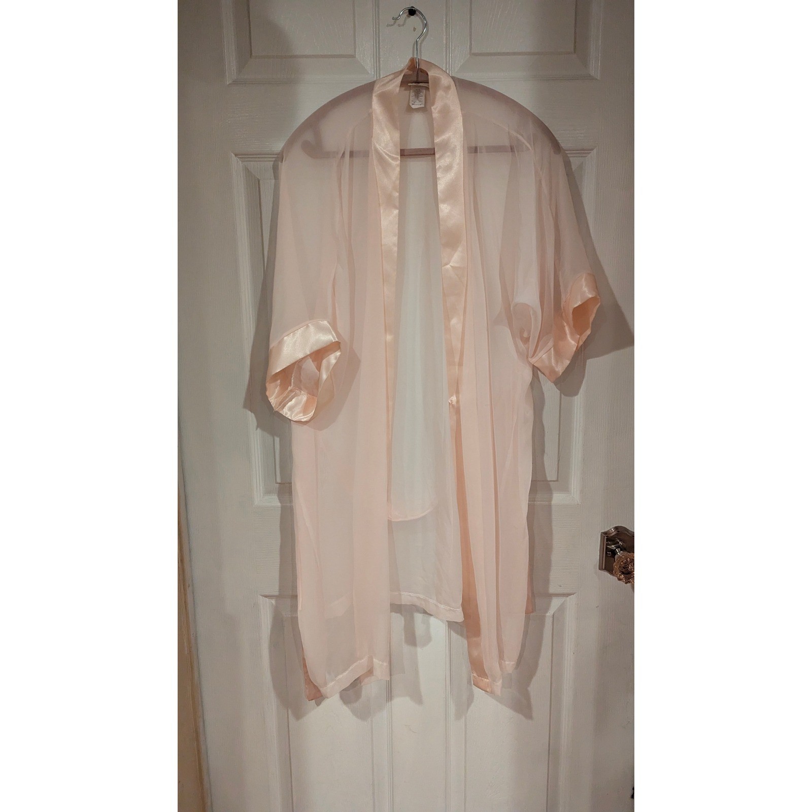 Cine Star Vintage Sheer Robe Medium Peach Satin Trim Belted Glamour Coquette