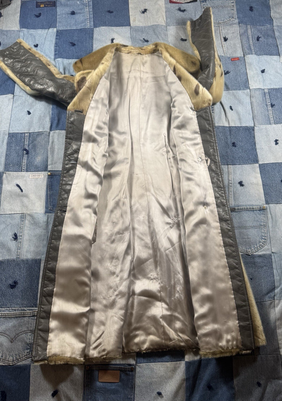 Vintage Seal Fur Spotted Pattern Fur Hide Leather Long Coat (Read Description)