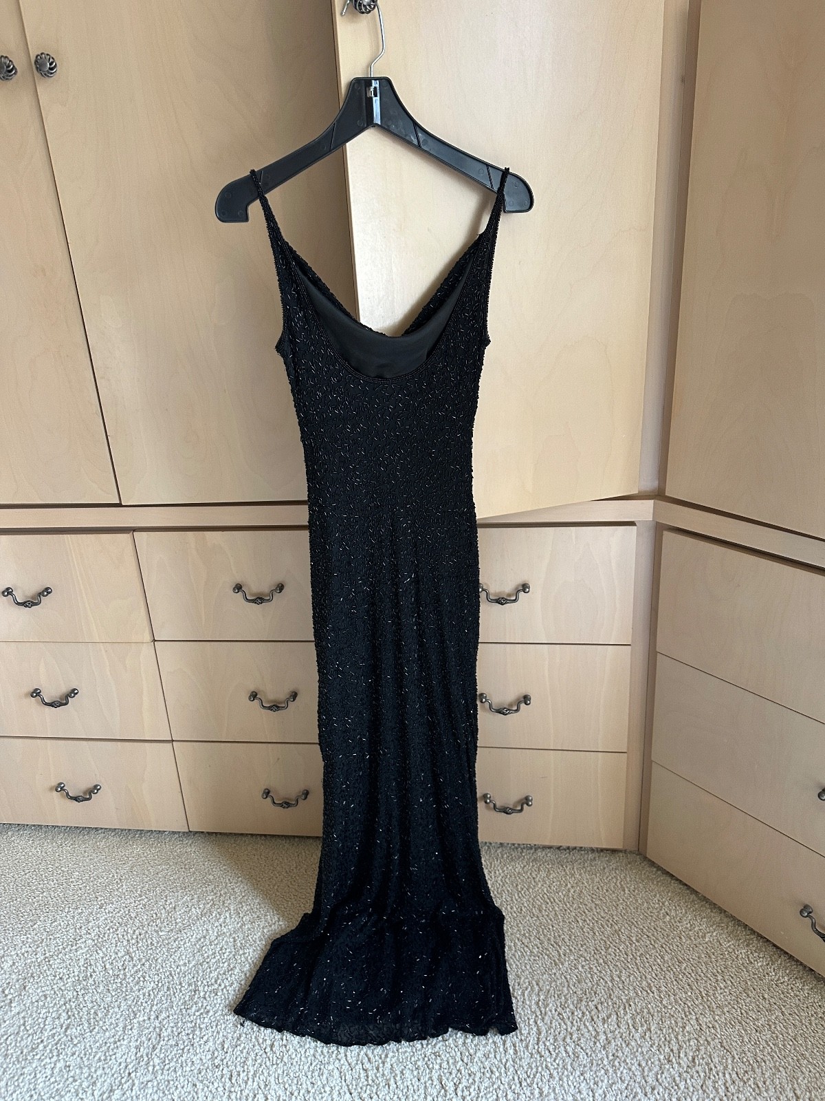 Vintage Stenay 100% Silk Fully Beaded Black Maxi Dress Size 6 Evening Gown 36&Prime; c