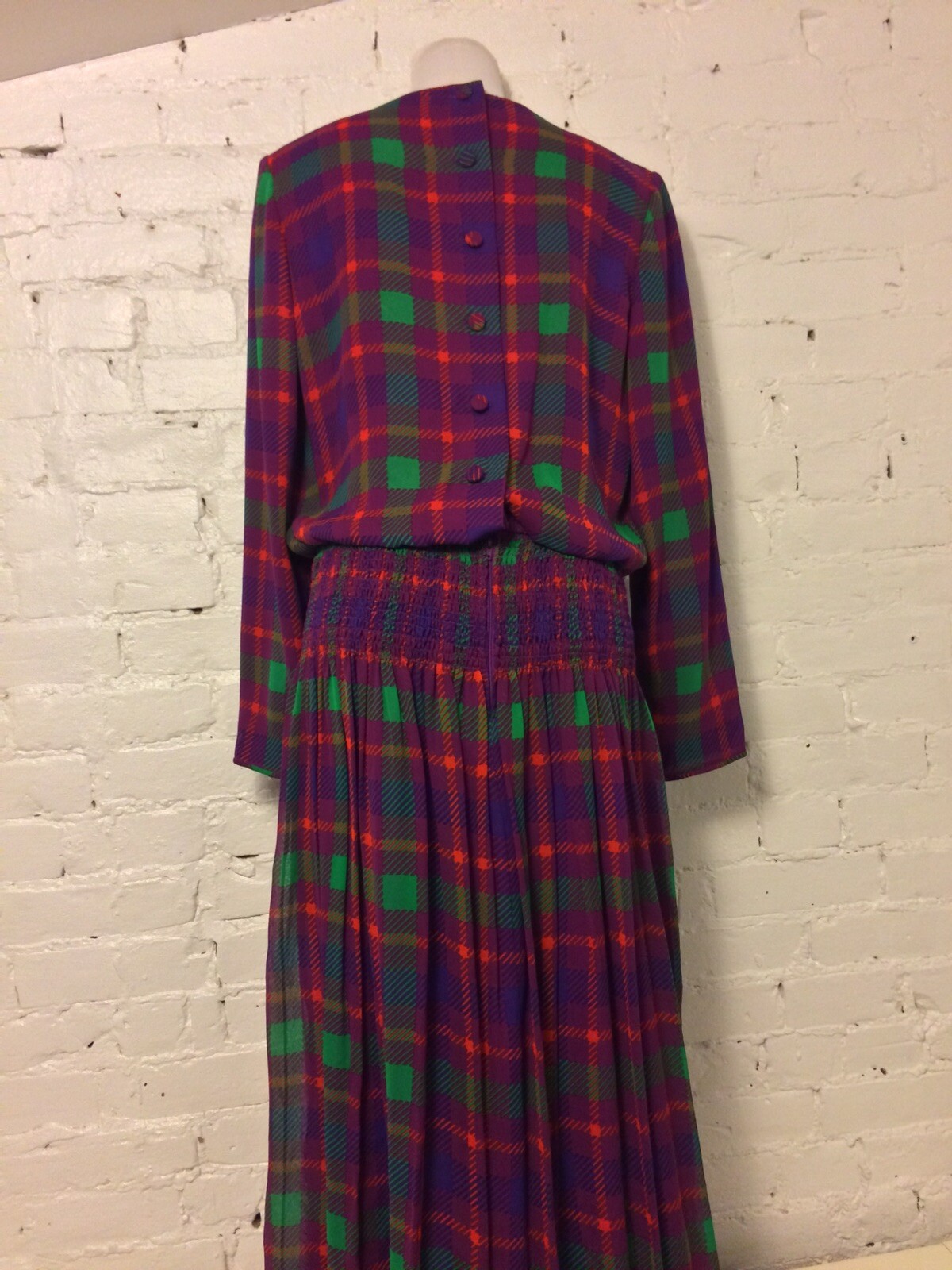 William Pearson Vtg 80s Silk Blouson Dress Pink Plaid 10-12 Secretary Office