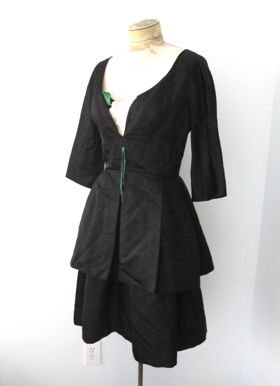 Vtg 40s Edith Small black satin taffeta dress inner bustier layered bustle S
