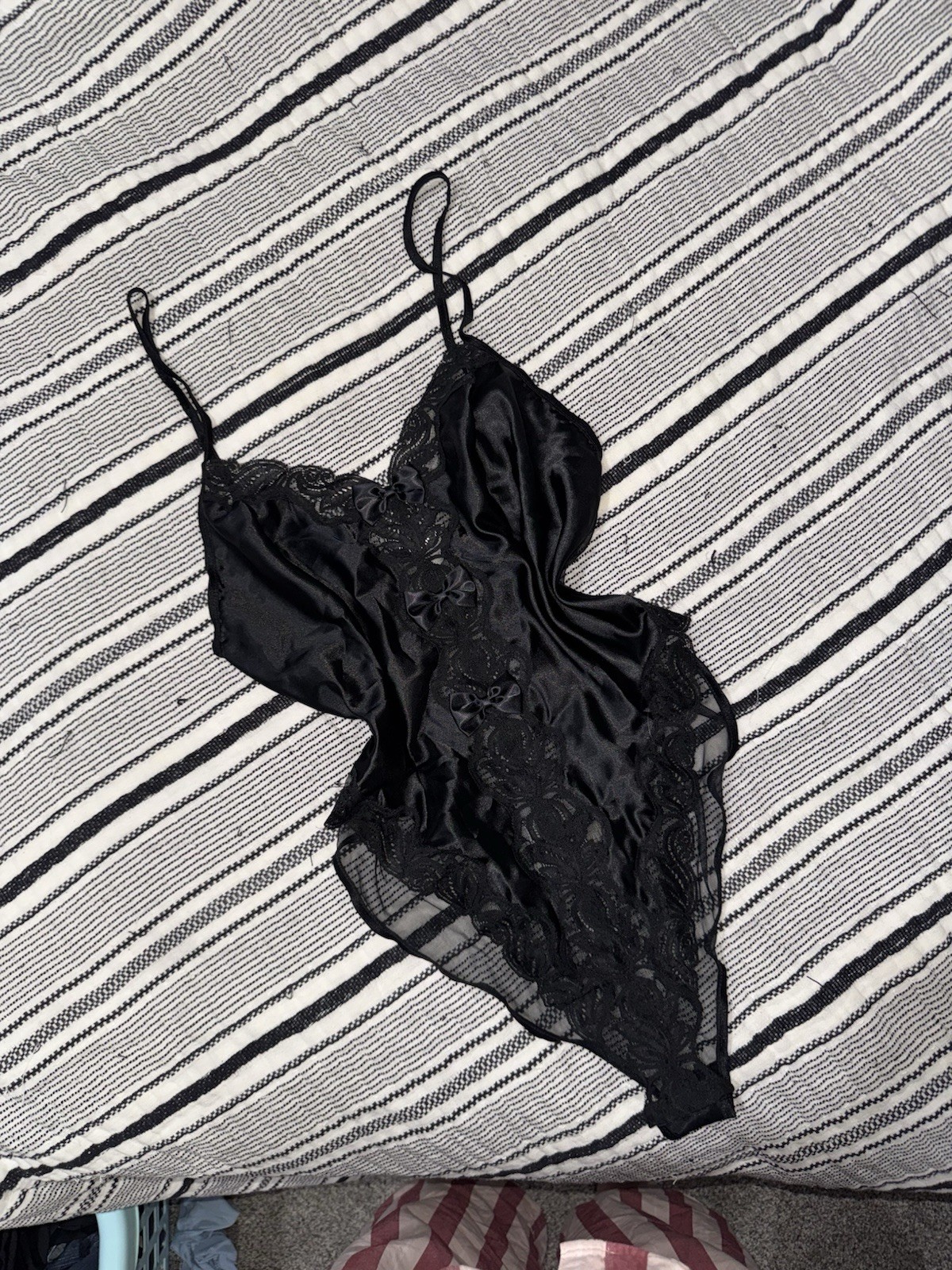 Cinema Etoile Black Lace Bow Bodysuit One Piece SZ L