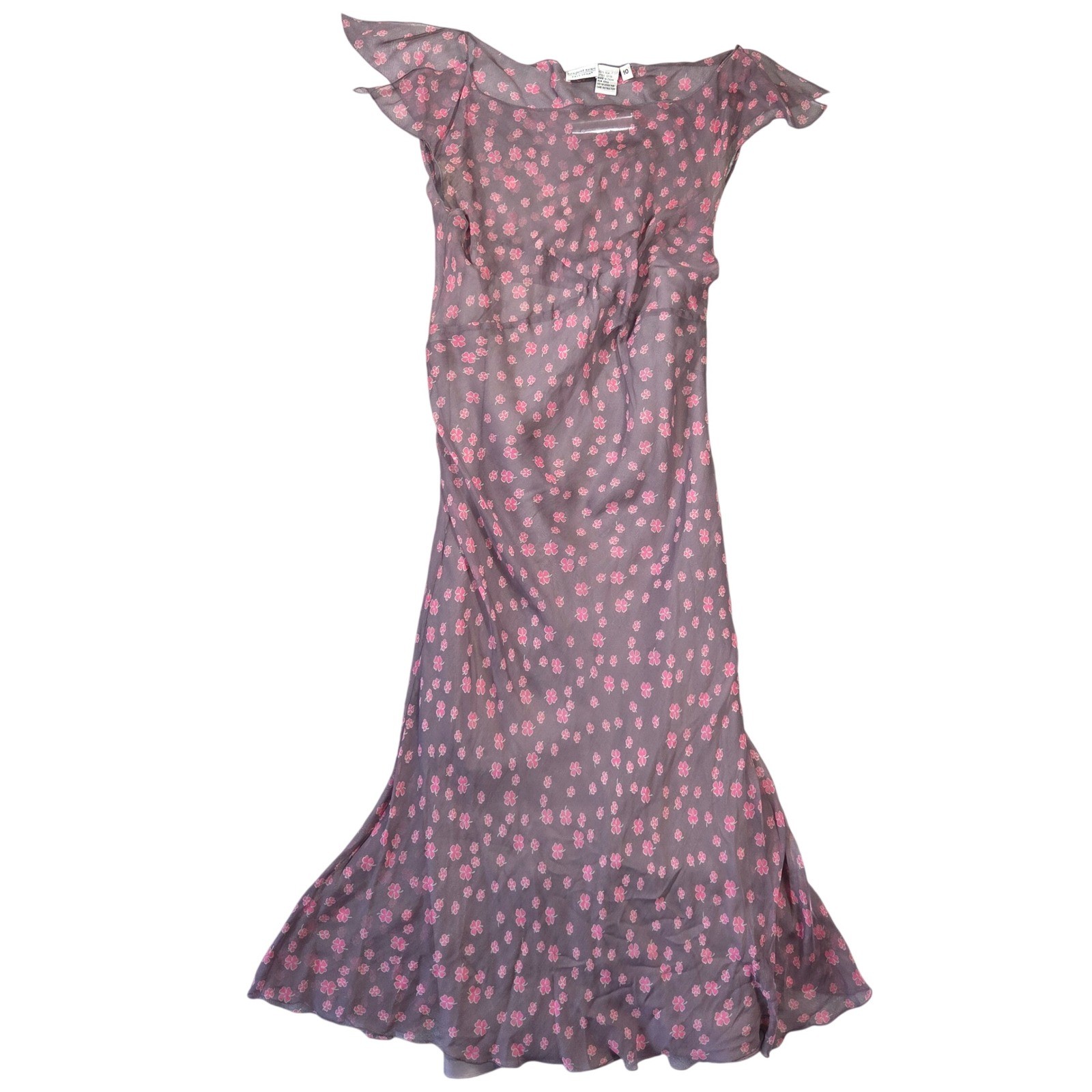 Newport News Vintage 100% Silk Sheer Floral Clover Midi Dress Purple Pink 10 Y2k