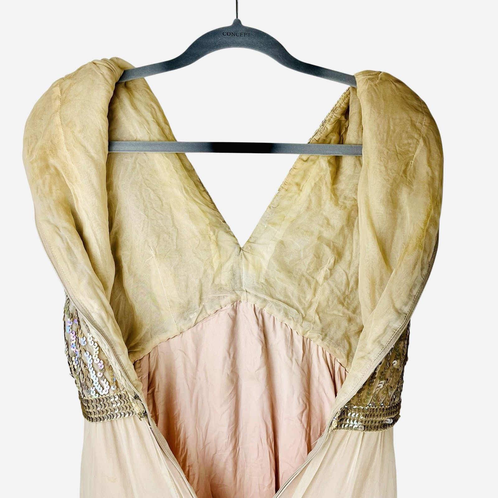 Vintage 50s Fred Perlberg Chiffon Party Dress Sequin Sleeveless Beige Nude READ