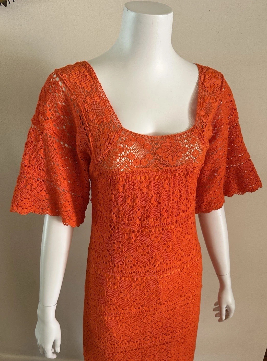 1970s Mexican Crochet Lace Maxi Dress Orange Cotton Boho Huipil XS S Vintage
