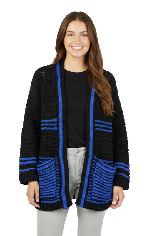 VTG 70s Hand Knit Sweater Coat Black Blue Striped Crochet Jacket O/S M/L Boho