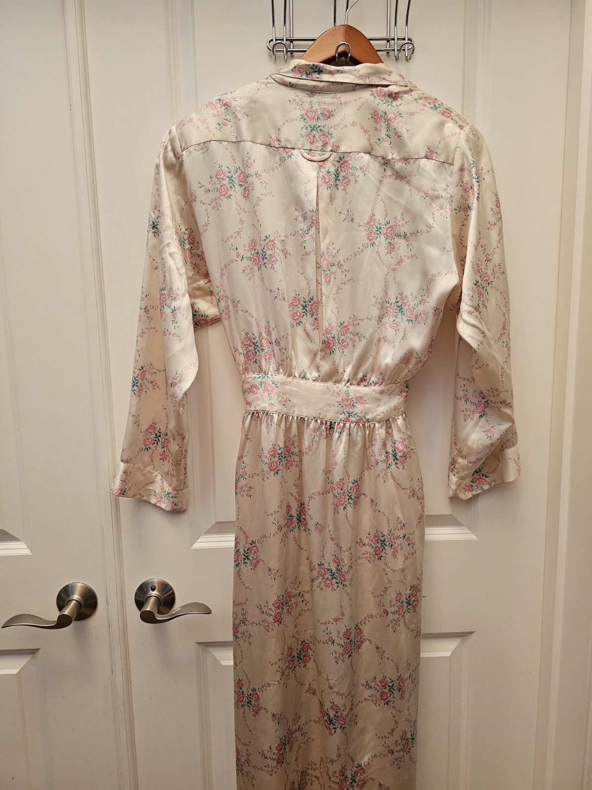 VTG Nordstrom Lingerie 100% Silk Wrap Robe Floral Cream Pink Romantic Luxury L