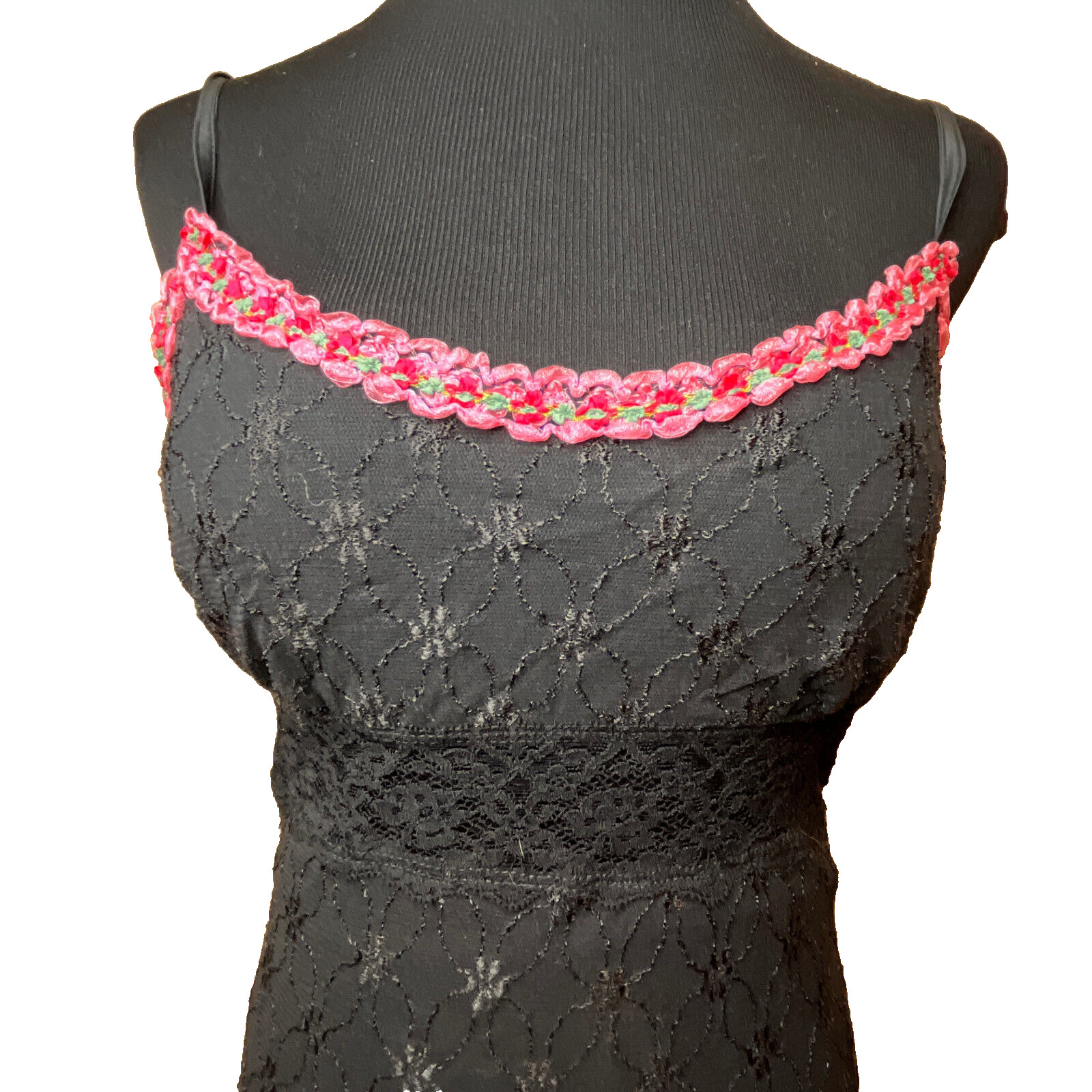 2000 Betsey Johnson Rosette Swiss Dot Daisy Dress Y2K Slipdress Gothic Grunge
