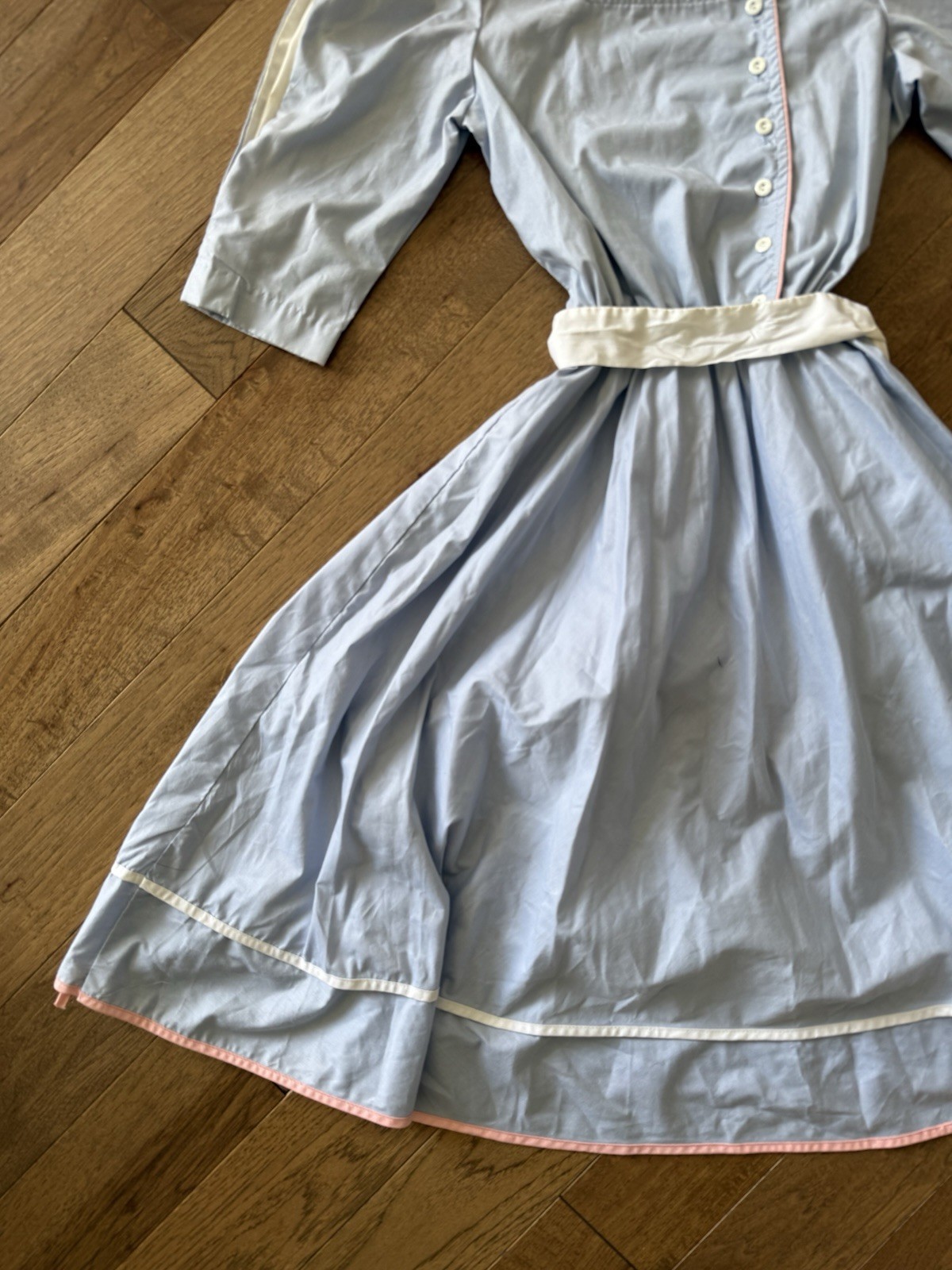 Vintage Cottagecore Dress Trad Wife Swing Dress Powder Blue Pink Trim 1950s