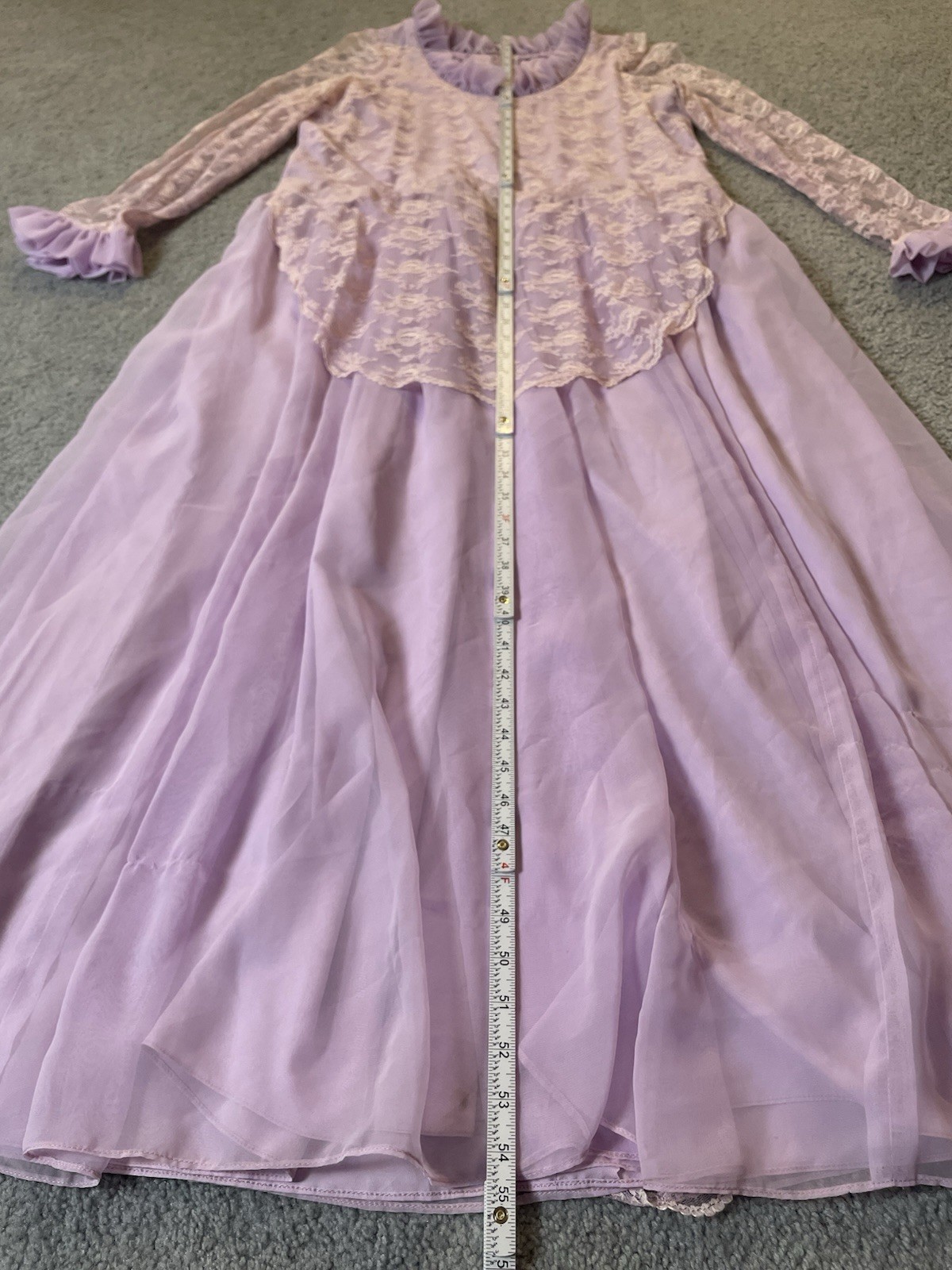 Vtg 70s Handmade Victorian Maxi Dress Sz L Lavender Floral Lace Overlay Prairie