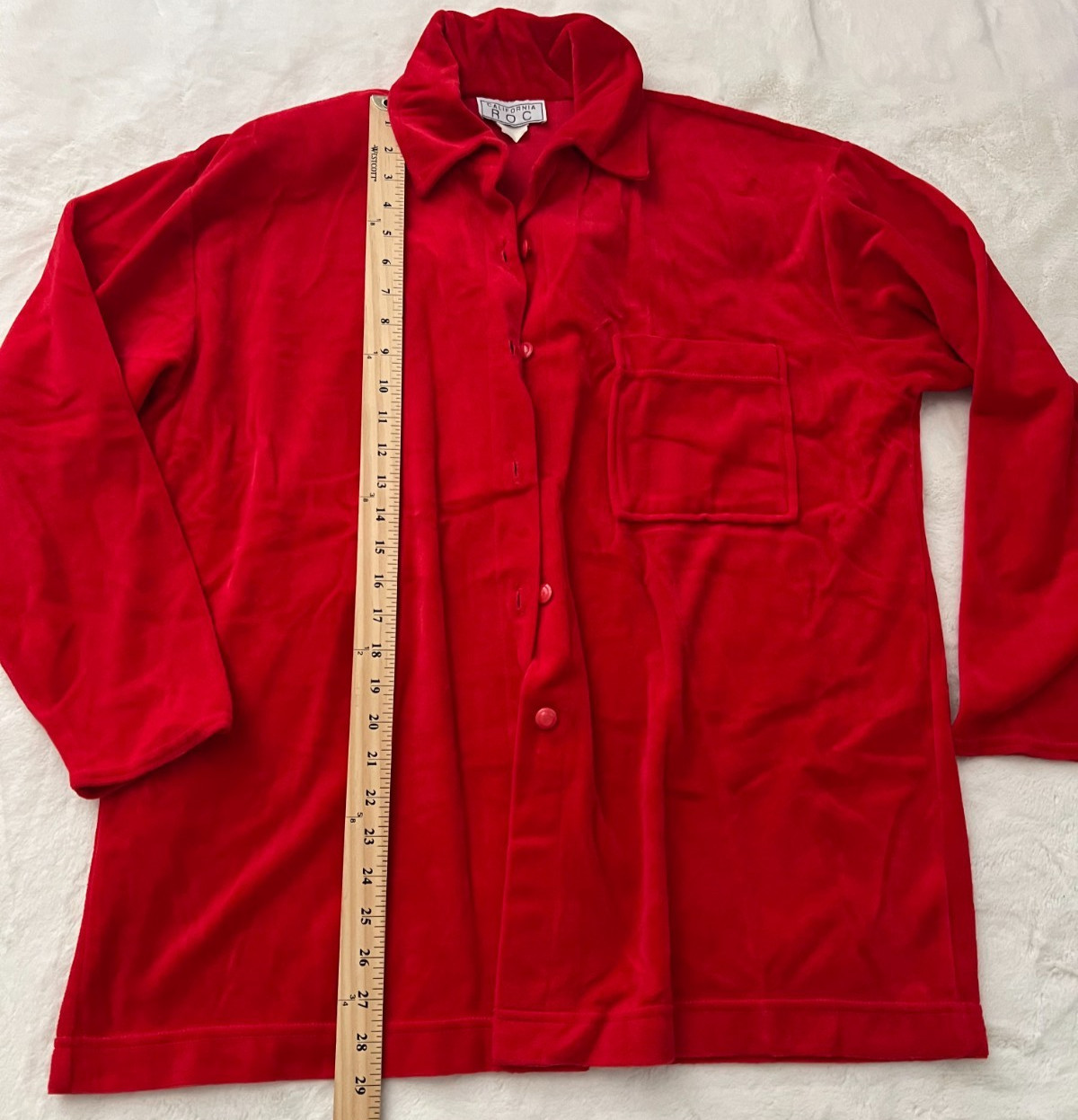 Vintage California Roc Red Velour Long Sleeve Button Front Blouse Womens Top L