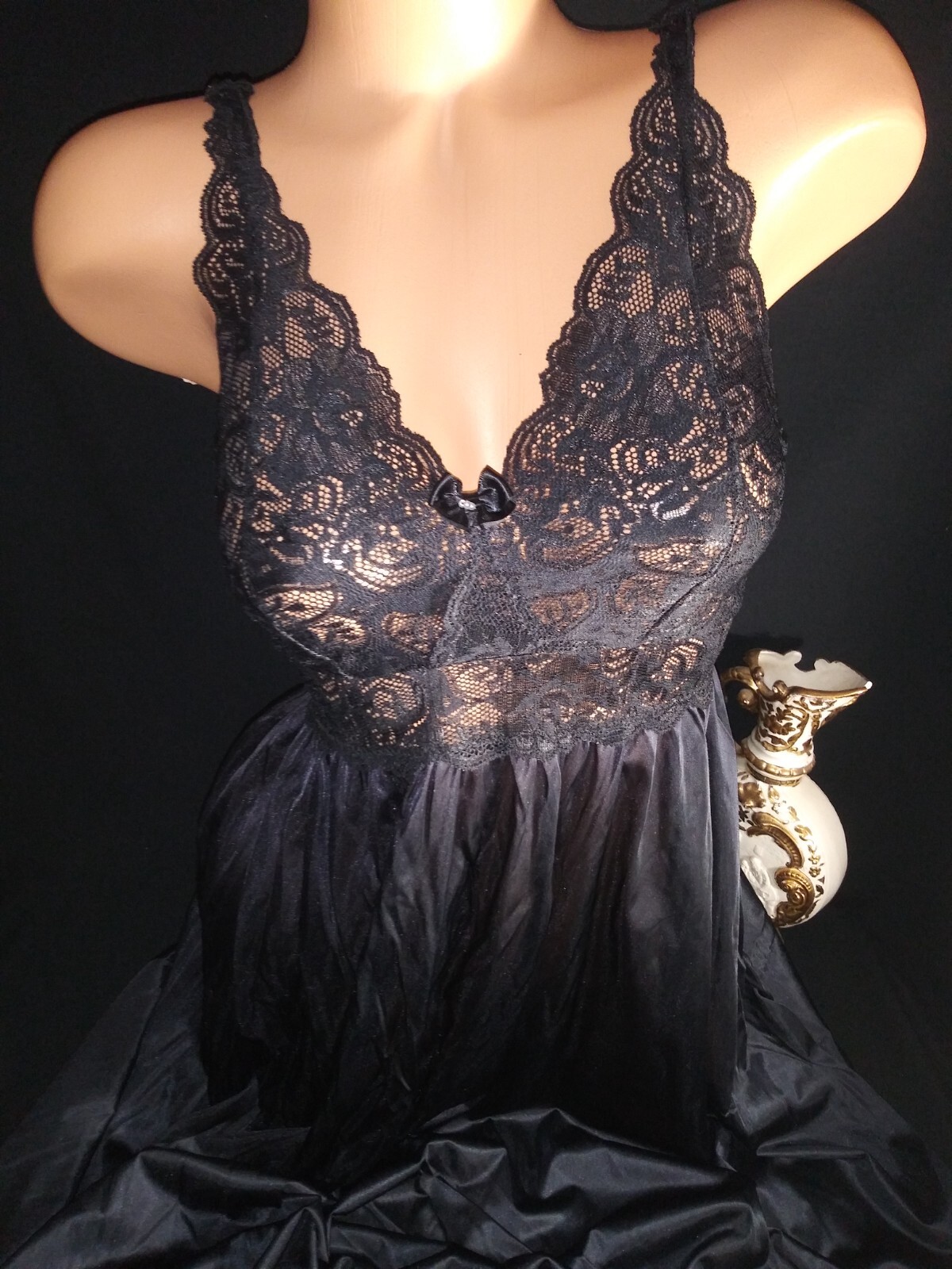 Vtg Shadow line Silky Black BUTTER SOFT Peignoir Nightgown Negligee Gown