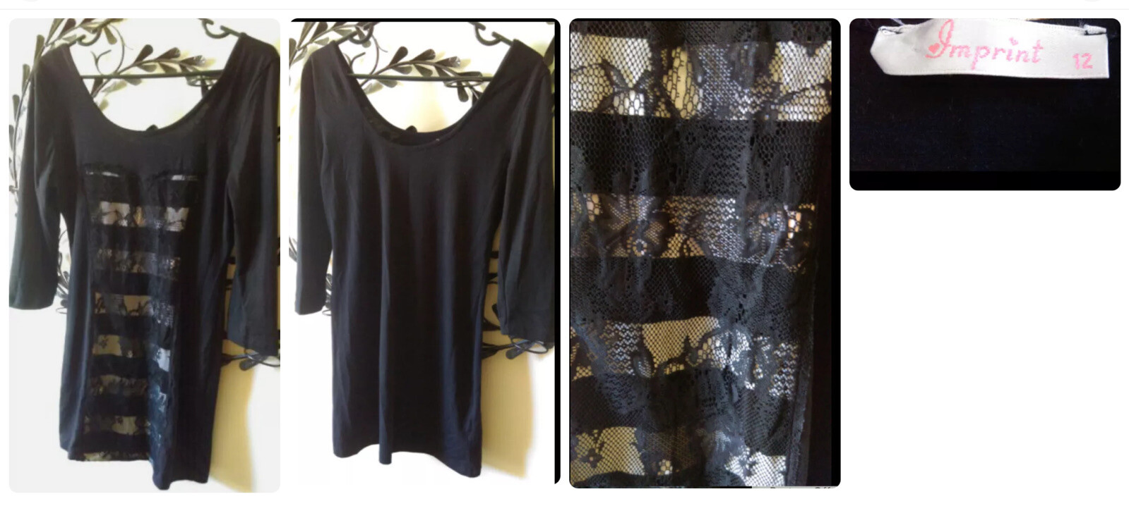Vintage Imprint Ladies Round Neck 3/4 Sleeves Lace Blended Black Top Size 12