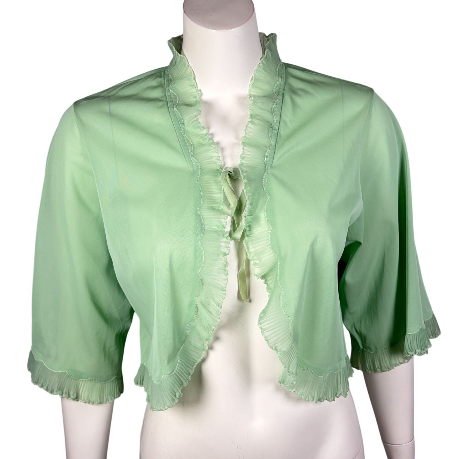 Vintage Cropped Nylon Bed Jacket with Ruffle Trim Front Tie Light Green One Size