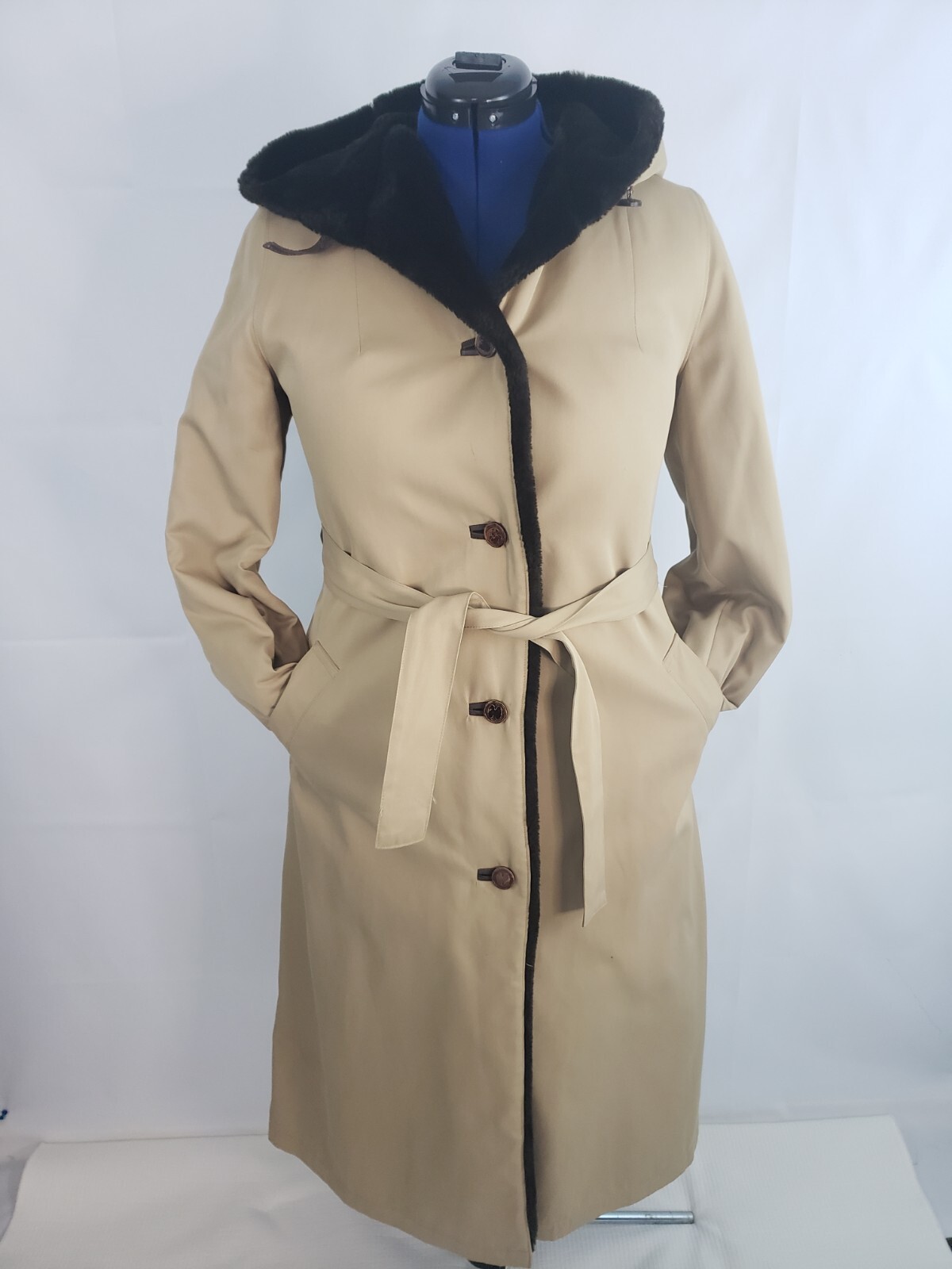 Halston for Misty Harbor Tan faux fur Hoodie trench coat winter jacket size 10