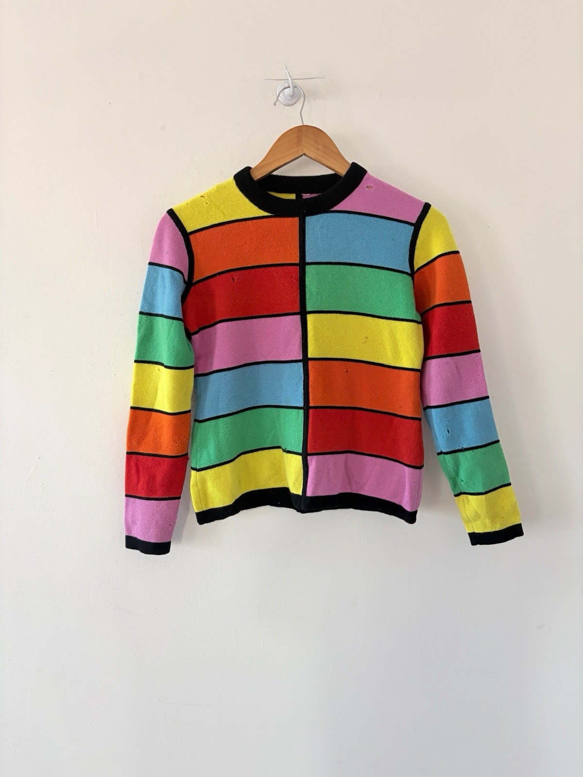 1960s Mod Geometric Color-Block Day Glo/Rainbow Wool Crewneck Sweater AS IS