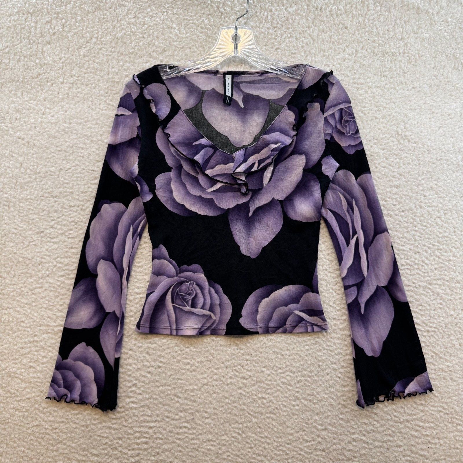Y2K Vintage Mesh Top XS Small Black Purple Rose Flower Long Sleeve Boho Fairy