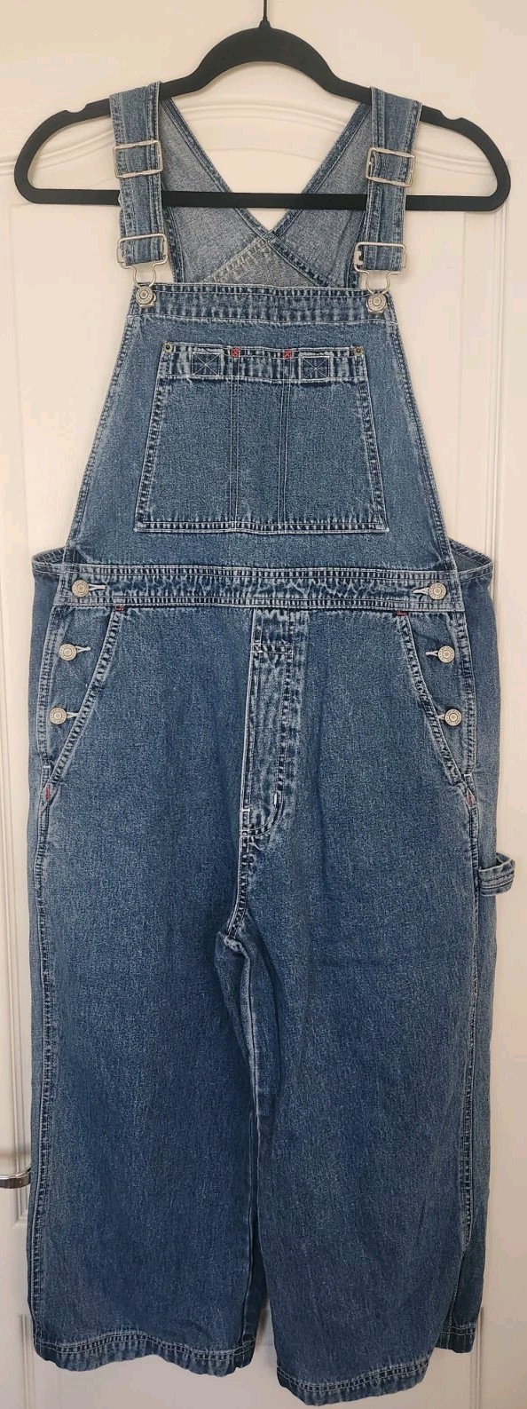 Vintage GAP Factory Denim Overalls Women&rsquo;s Size M Blue Wash Red Stitch Wide Leg