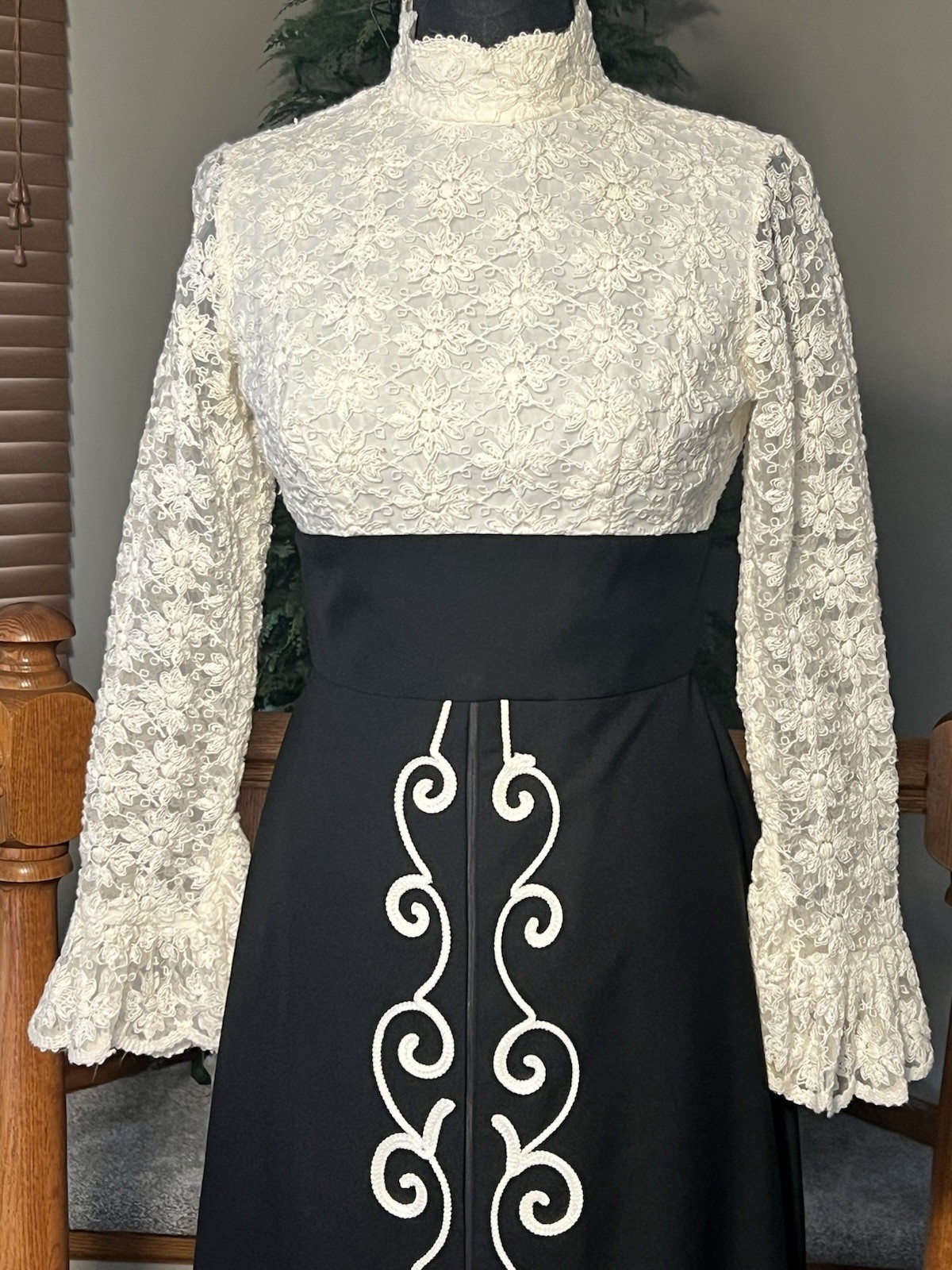 Vintage Custom Made Black Ivory Lace Maxi Dress Front Zip Mod Boho Prairie