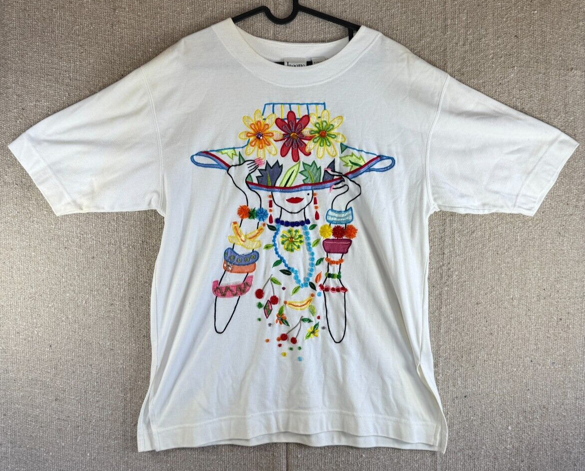 VTG Jacque & Koko Womens Sz 14/16 White T Shirt Floral Colorful 1980&rsquo;s