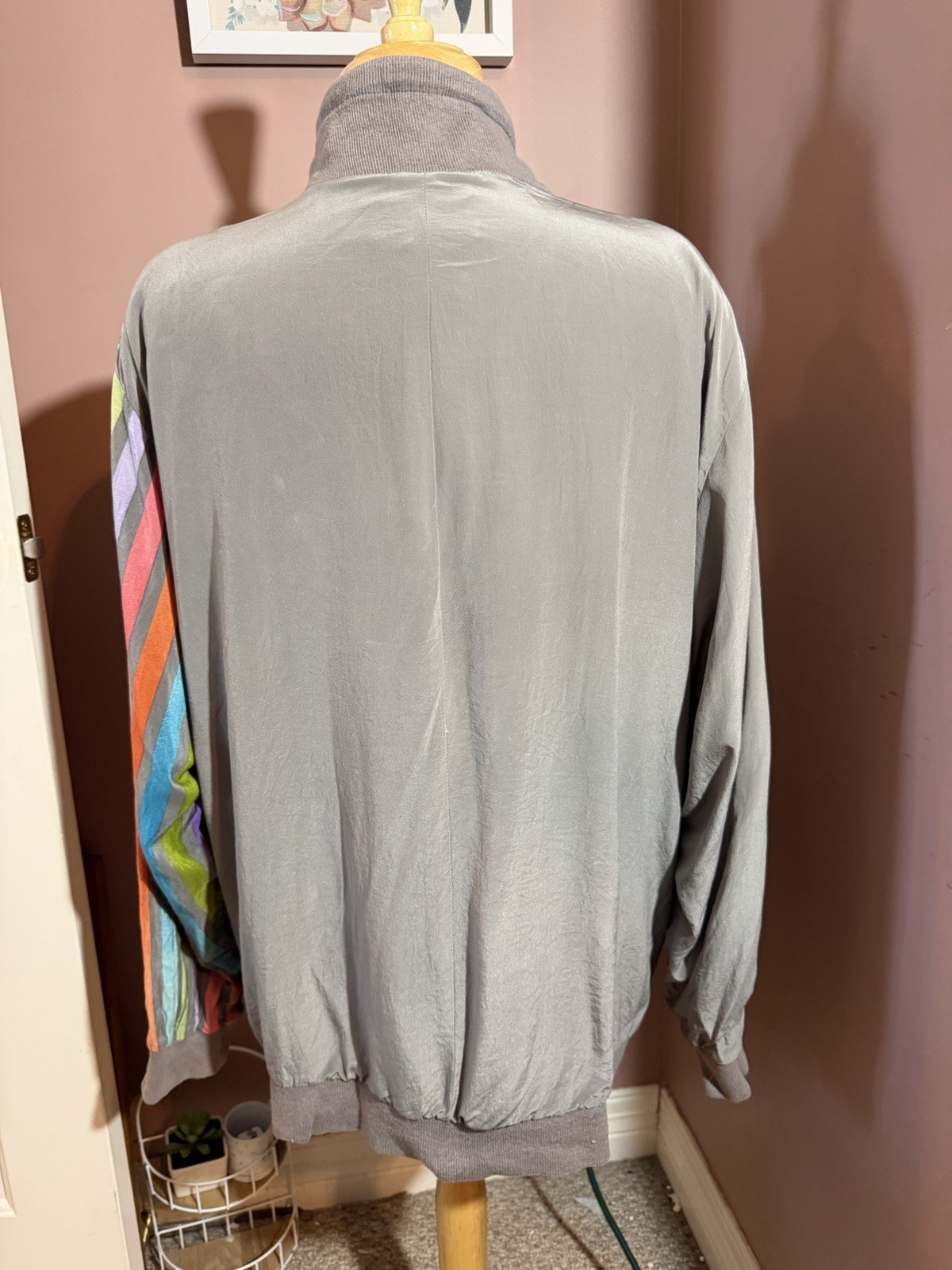 Vintage 100% Silk Full Zip Jacket Womens XL Gray Multicolor Stripe Colorblock