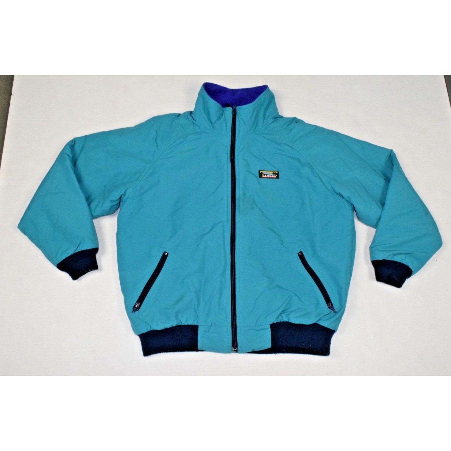 Vintage LL Bean Warm Up Jacket Size L 80s Teal Blue Purple Fleece Lined Made USA