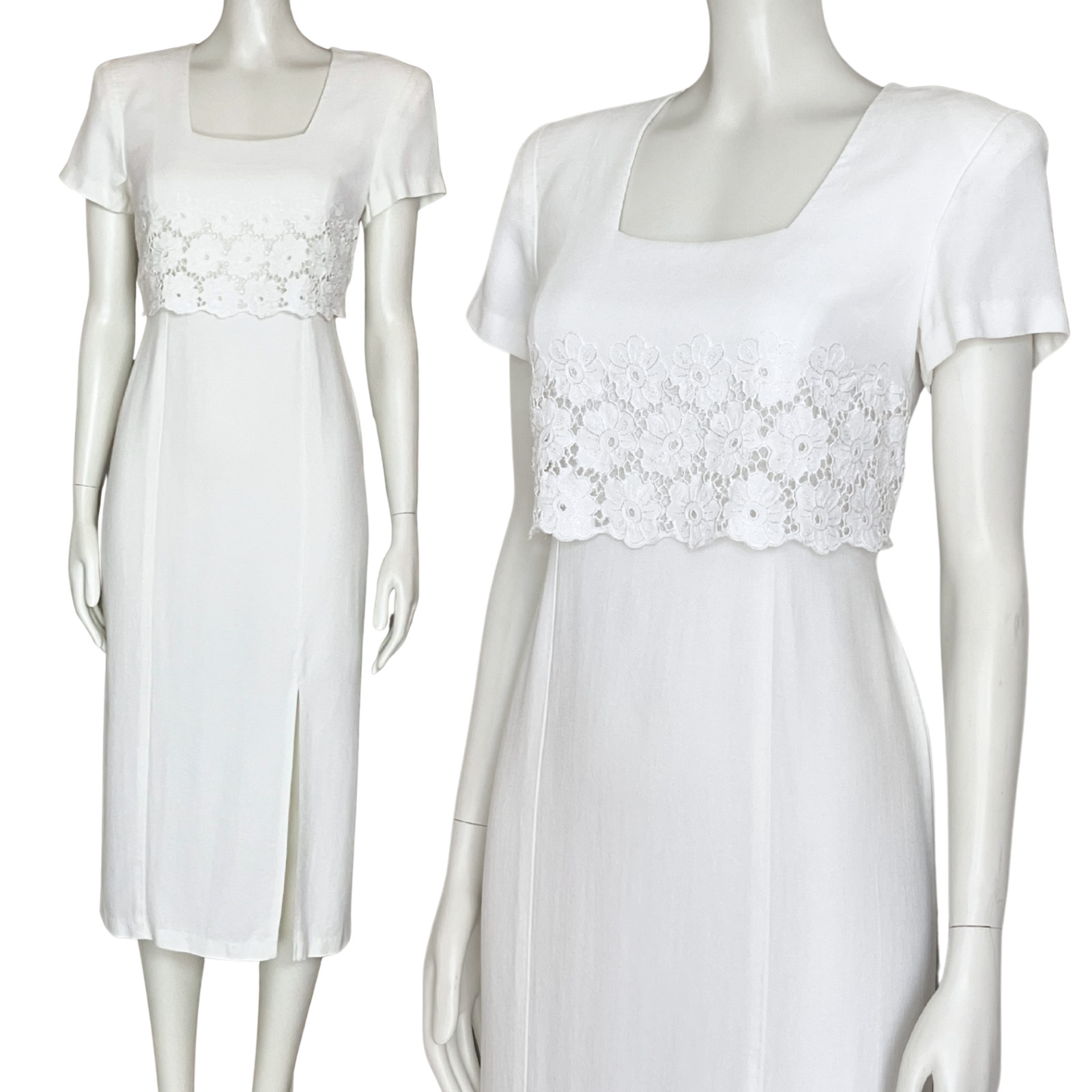 Vintage 90s White Midi Dress Lace Medium 8 Cottagecore Minimalist Casual Summer