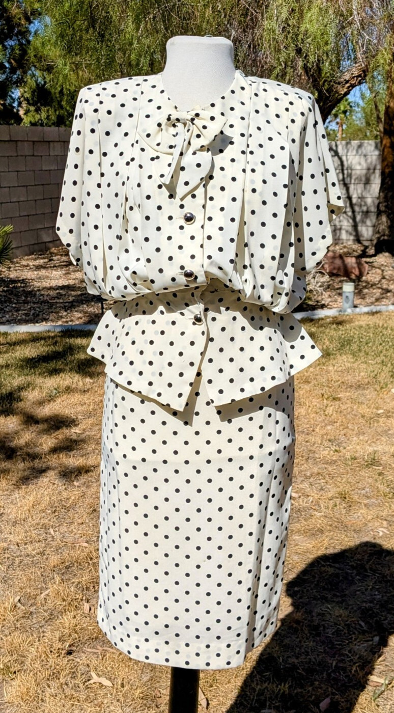 1980&rsquo;s Vintage Original Fashion Sz 7 Retro Polka Dot 2-Pc Blouse & Skirt Set GUC