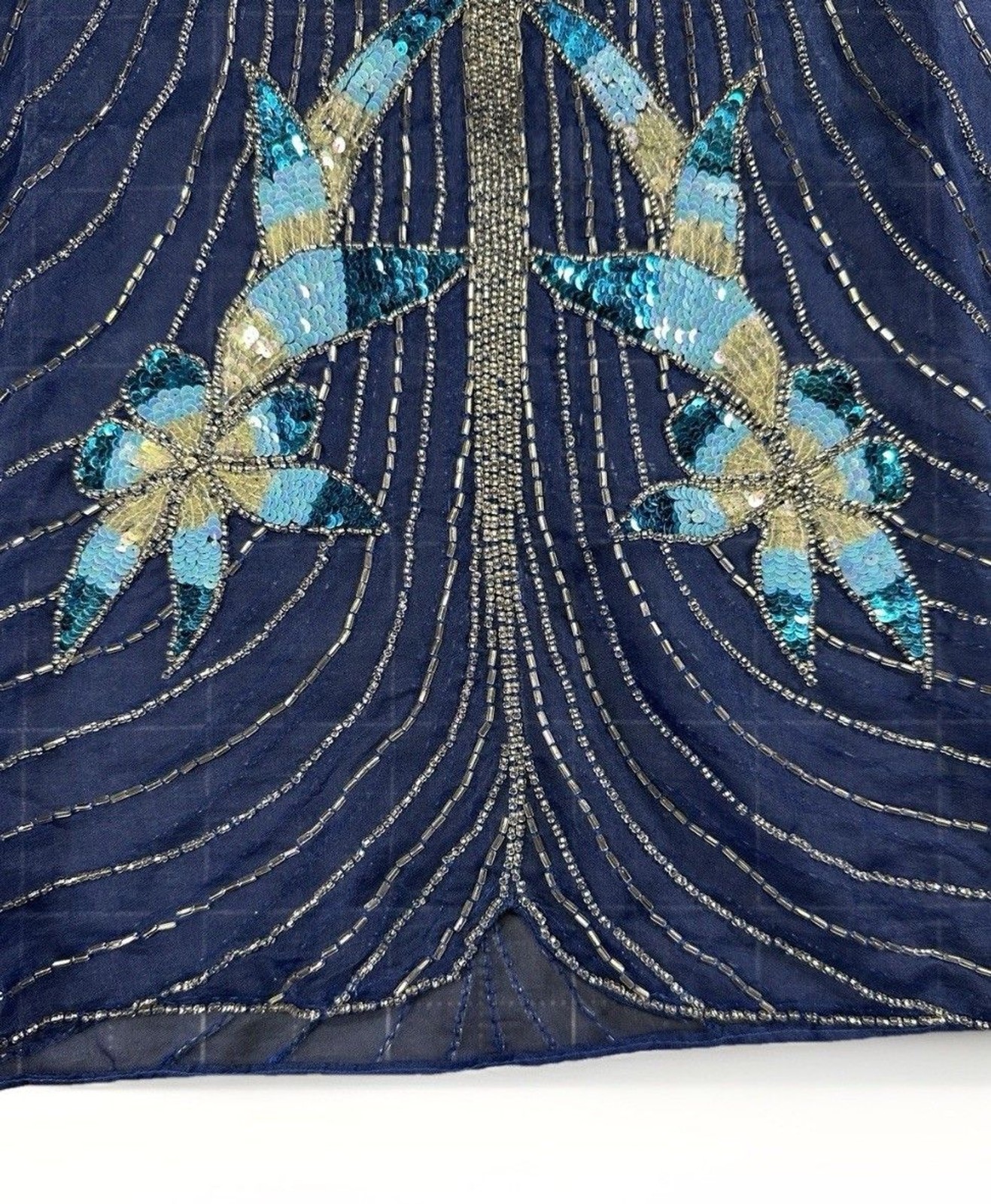 VTG 80s Boho Luxury Beaded Sequin Silk Blouse Blue Butterfly Art Deco Glam Top