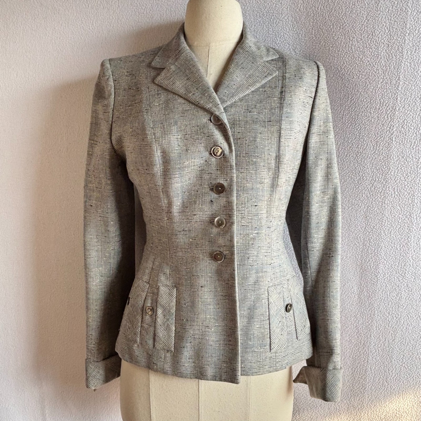 Vintage 1950s Woman&rsquo;s Blue Gray Tweed Nipped Waist Blazer Jacket