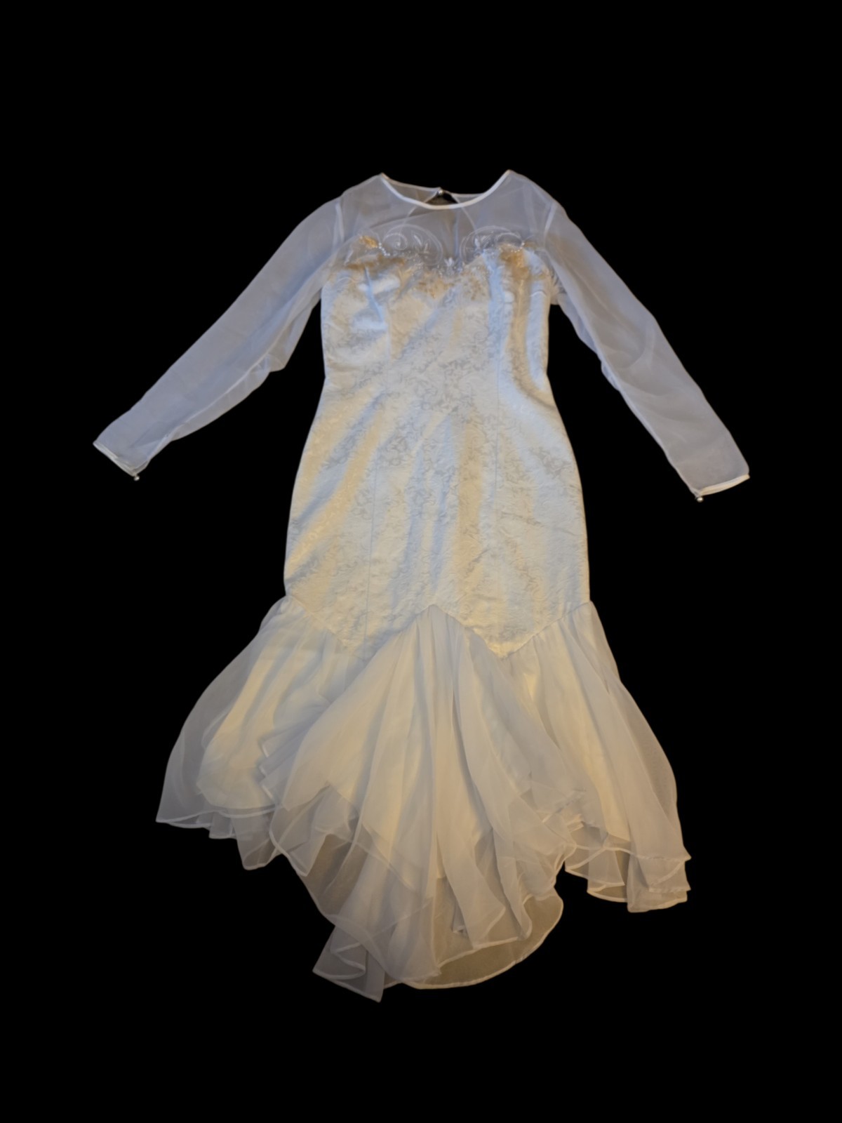 Vintage 80s New Leaf Ivory Lace Beaded Long Sleeve Fishtail Wedding Dress